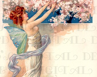 DOGWOOD Fairy!  Art NOUVEAU Vintage Flower Fairy Illustration. SPRING! Digital Download. Vintage Digital Flower Fairy Printable Image.