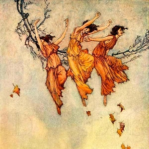 Art Nouveau Autumn Leaves Ladies! Vintage Autumn Illustration. Digital Halloween Download. Vintage  Art Nouveau Autumn Download.