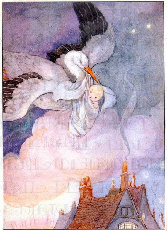 Magnifique Illustration De Cigogne De Bebe Vintage Etsy