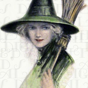Belle sorcière FLAPPER ! Carte postale vintage douce d'Halloween. Téléchargement numérique HALLOWEEN. ILLUSTRATION vintage d'Halloween.