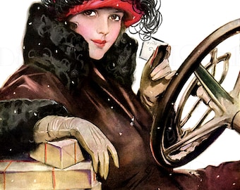 Sprawdzanie listy. Fantastyczna FLAPPERKA. Ilustracja w stylu vintage. Art Deco Digital Christmas Download