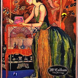 May include: A vintage illustration of a woman in a green and gold dress, standing in front of a cabinet with a fan and other items. The illustration is used to make jewelry, magnets, and ornaments. The text "McCallum Silk Hosiery" is visible in the bottom right corner.