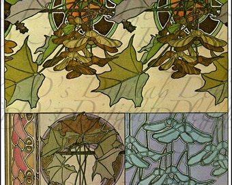 Lovely Oak Leaves Mucha NOUVEAU Flower Design Pattern!  Vintage Arts and Crafts  Illustration. MUCHA Digital Download.  Art Nouveau Print