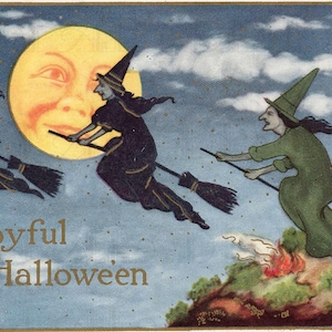 Three FLYING Witches InThe Night. Vintage HALLOWEEN Digital Download. Vintage Halloween Illustration.  Digital Halloween Postcard  Print.