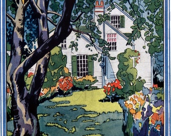 Lovely Storybook COTTAGE Encased With Trees!VINTAGE 1920s Cottage ILLUSTRATION. Digital Download. Vintage Cottage Printable Image.