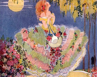 RARE Splendiferous STUNNING Lady In Moonlight! Vintage Digital Illustration. Digital Download. Vintage Digital PRINT. Hilda Cowham