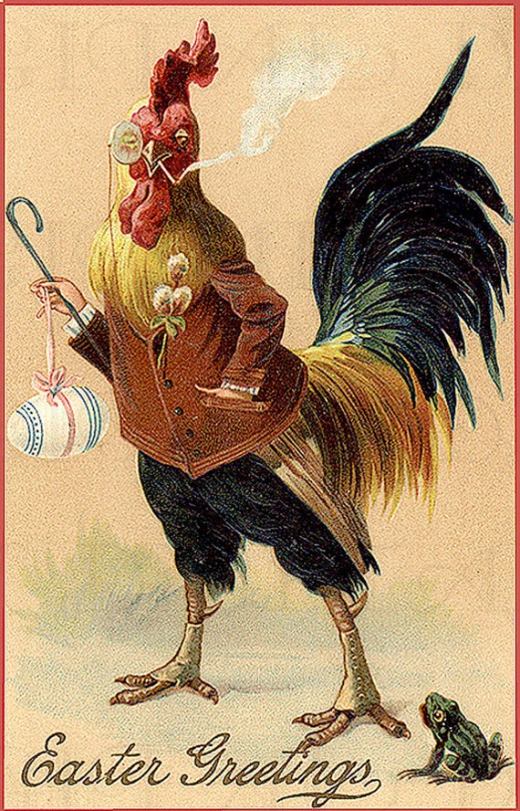 Weird Offbeat Smoking Easter Rooster. VINTAGE Easter Illustration. Easter DIGITAL Download. Vintage Easter Print.