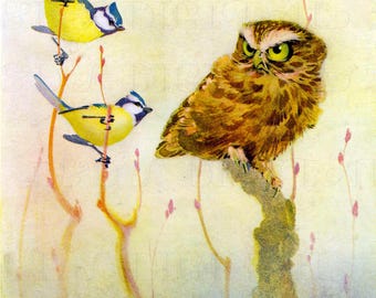 Vintage Yellow Birds and Annoyed Owl Illustration: Nature Print (Digital Download)