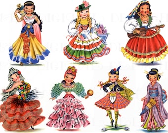 Vintage Dolls of Many Countries Illustrations: Collage Printable for Paper Craft.  Seven 4" Girls (Digital Download)