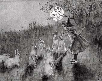 Vintage Halloween-häxillustration: Kaniner och fullmåne (digital nedladdning)