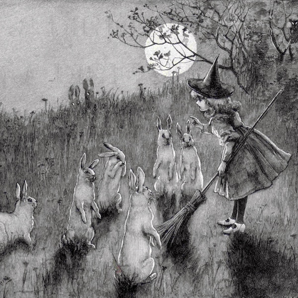 Vintage Halloween Hexe Illustration: Hasen bei Vollmond (Digitaler Download)