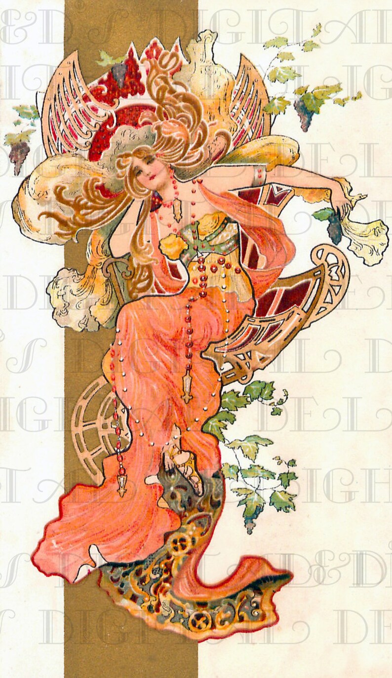 Extravagant Jeweled In Peach Art Nouveau Lady. Vintage Digital | Etsy