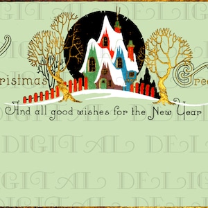 Elegant Cottages Vintage Art Deco Christmas Card. Vintage Illustration. Vintage Digital Christmas Card Download. Digital Christmas Download.