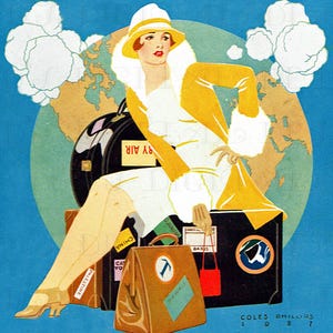 Verso terre sconosciute! Illustrazione di viaggio vintage di Coles Phillips. Download digitale Flapper Art Déco. Perfetta per biglietti di auguri di buon viaggio!