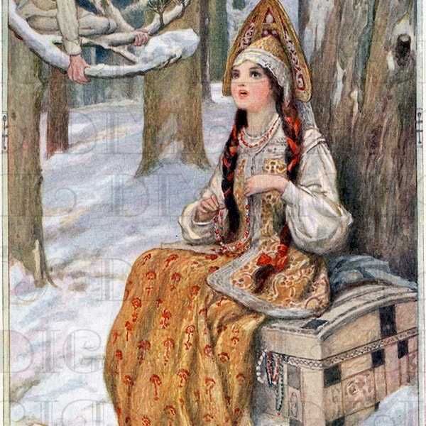 Enchanting Rare Jack FROST And RUSSIAN Princess Vintage Digital Illustration. Vintage Christmas DIGITAL Download. Fairy Tale Illustration.