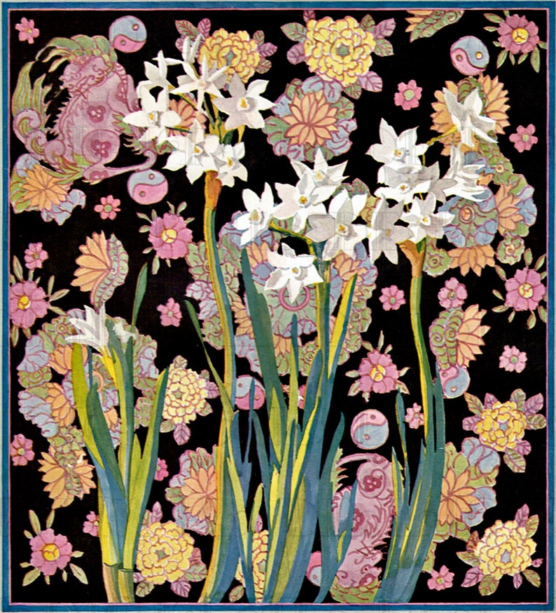 May include: A vintage illustration of white narcissus flowers with green stems and leaves on a black background. The background is decorated with stylised floral patterns in shades of pink, yellow, and blue.
