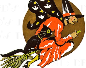 Vintage Halloween-heksenillustratie: decoratieve zwarte kat, digitale download