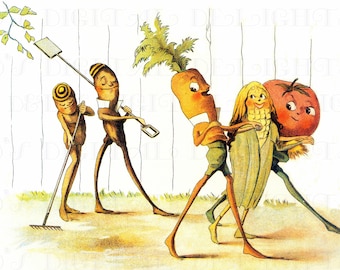 Illustration vintage de personnages de légumes : impression de jardinage étrange (téléchargement numérique)