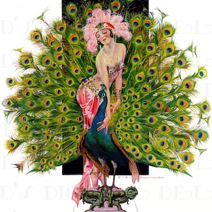 Leyendecker Art Deco Flapper with Peacock Illustration (Digital Download)