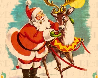1950s Vintage Mid-Century Kitschy Santa Claus with Reindeer