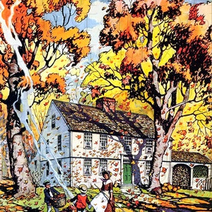 Bella casa autunnale. Foglie che cadono. Illustrazione VINTAGE del Ringraziamento. Download digitale del RINGRAZIAMENTO. Perfetto per inviti, biglietti, tag.