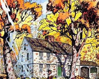 Beautiful Autumn Home. Falling Leaves. VINTAGE Thanksgiving Illustration. Digital THANKSGIVING Download. Perfect for Invites, Cards, Tags.