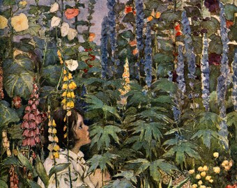 FIRST Edition. Among The Foxgloves.  Jessie Wilcox Smith  VINTAGE llustration. Digital Garden DOWNLOAD.