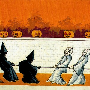 Illustrazione d'epoca di Halloween: Ghoul e streghe al tiro alla fune (download digitale)