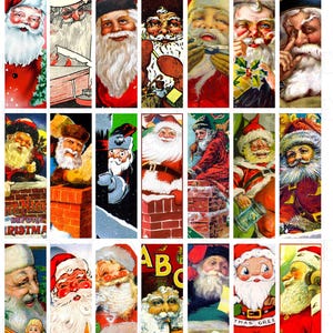 May include: A collection of vintage-style Christmas bookmarks featuring illustrations of Santa Claus in various poses. The bookmarks are rectangular with a red and white color scheme, showcasing Santa with his iconic red hat and white beard.