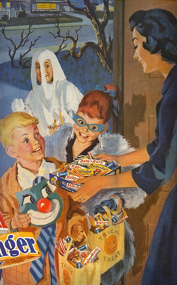 お値引き　CANDY CANDY ILLUSTRAION Mid-century Halloween Candy Ad Print: Retro Trick or Treat