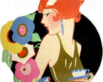 Art Deco Flapper With Tea Illustration: 1920s bridge Tally Art (Digital Download)