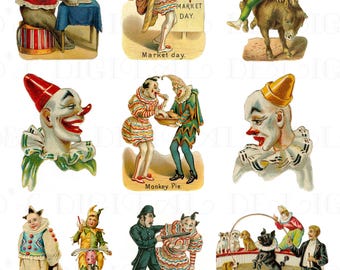 Collage antique de clowns de cirque : illustrations vintage imprimables (téléchargement numérique)