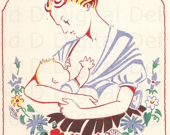 Extremely Rare Vintage French Illustrated PC of A Baby Being Lovingly Fed By Its Mother.  Digital Download.