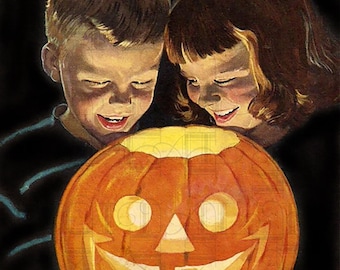 Retro Mid Century Halloween Kids.  Digital Halloween Download. Digital Vintage Halloween Illustration. Vintage Halloween Image for Printing
