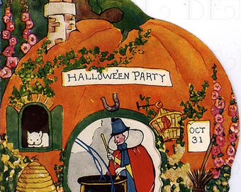 Vintage Halloween-illustratie: heks in pompoenhuis (digitale download)