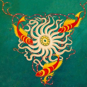 May include: A stylized illustration featuring three red and yellow fish surrounding a central, cream-colored sun-like shape with radiating tentacles. The artwork is set against a teal background, with red vine-like elements connecting the fish.