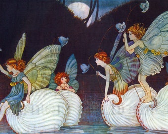 DAZZLING Fairies Ride On Sea Shells! Fairy Vintage DIGITAL Illustration.  Digital Fairy Download. Fairy Digital PRINT.