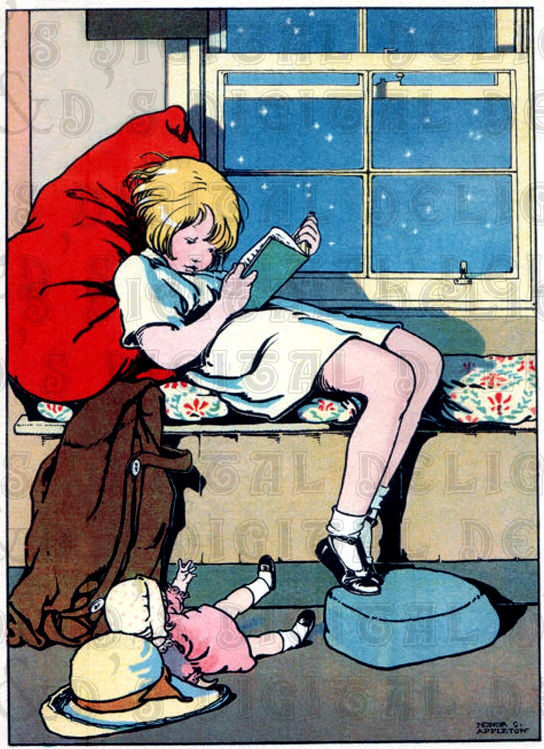 Colorful Child Reading. VINTAGE ILLUSTRATION. Reading Digital - Etsy