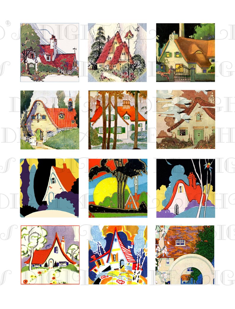 Art Deco Red Roof Cottage Digital Collage Sheet: 2"x2" Printable Images ...