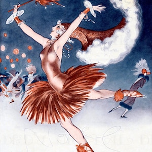 May include: Vintage illustration of a figure skater in a brown tutu, performing on ice. The skater is wearing red ice skates and a matching headdress. The background is a dark blue with other figures in the distance. The artwork has a retro style.