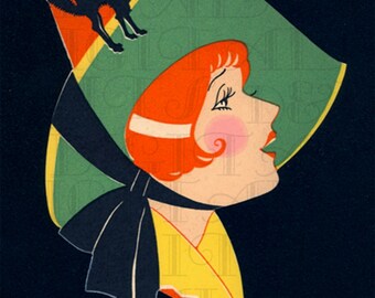 Art Deco Flapper WITCH. Vintage Digital Deco HALLOWEEN Download. Art Deco Halloween Flapper Bridge Tally Illustration.