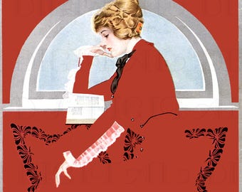 Plongé dans l'histoire ! Le clapet en rouge se lit. Coles Phillips LECTURE Illustration vintage. Lecture/livres Téléchargement NUMÉRIQUE.