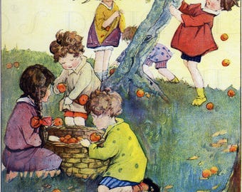 Apple Picking Vintage Illustration: Children's Nursery Art (Digital Download)