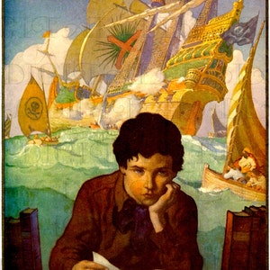 Atemberaubend!  Junge liest Märchenbuch und sieht Piratenschiff! Bücher lesen Digitaler Download. Vintage Lese Illustration. N. C. Wyeth