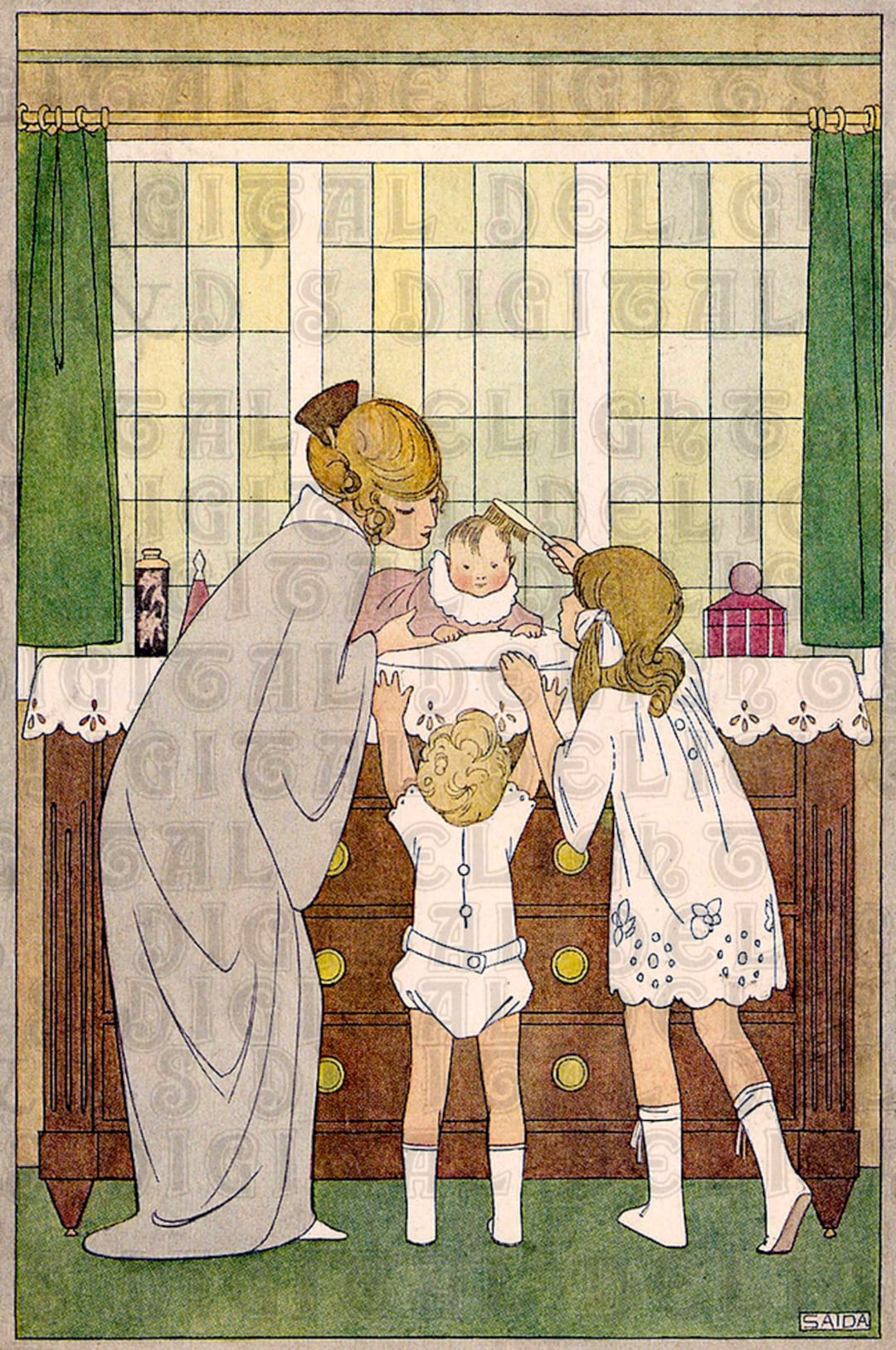 Lovely Art Deco BABY. Perfect for BIRTH Announcement. Birthday Card. Vintage Illustration