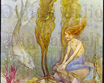 Sweet Child Little Mermaid Among The Fishes. Fairy Tale Vintage DIGITAL Illustration. Digital Download.