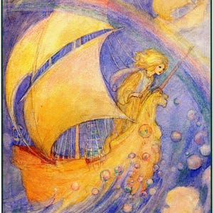 Unicorn Fairy Ship Vintage Illustration Art Print (Digital Download)