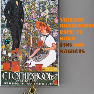 May include: A vintage illustration of a man and a woman gardening, printed on a card with the text "Clothesbook for Spring & Summer 1917". The card is attached to a gold charm in the shape of a hat.