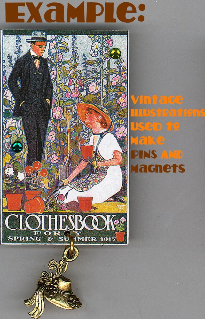 May include: A vintage illustration of a man and a woman gardening, printed on a card with the text "Clothesbook for Spring & Summer 1917". The card is attached to a gold charm in the shape of a hat.