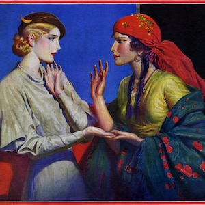 ¡Lectura de la palma! ¡Gitano Art Déco! Ilustración digital vintage. Descarga de imagen digital imprimible. Impresión digital de adivino.
